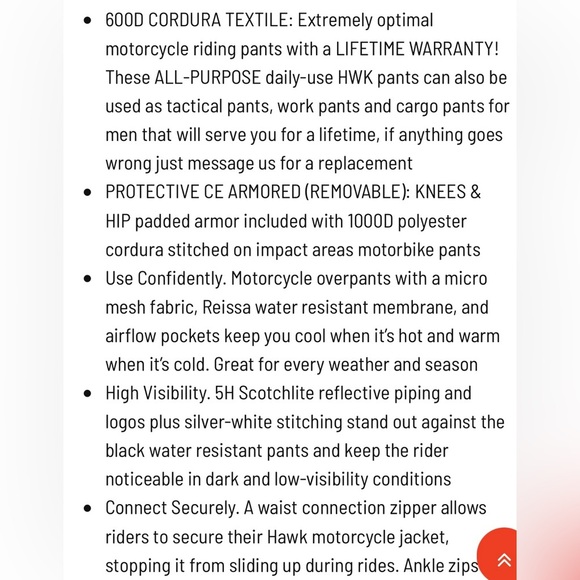 HWK Protective Cordura Motorcycle Pants, Black, Size XXL x 32” - Picture 11 of 13